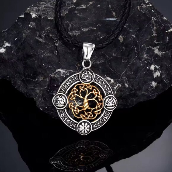 Norse Rune Tree of Life Pendant Necklace - Stainless Steel 24" #1535 - Picture 3 of 7